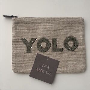 Ankasa Beige Linen Bronze Leather Sequin YOLO Embellished Clutch Zi Top Pouch
